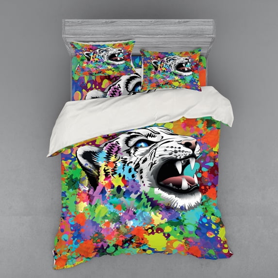Psychedelic Duvet Cover Set, Roaring Leopard in Watercolors with Brush Stroke Effects Animal Picture, Bedding Set with Shams and Fitted Sheet, 3 Sizes, by Ambesonne