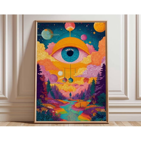 Psychedelic Eye Cosmic Landscape Wall Art Print, Unframed Paper Poster 24x36in