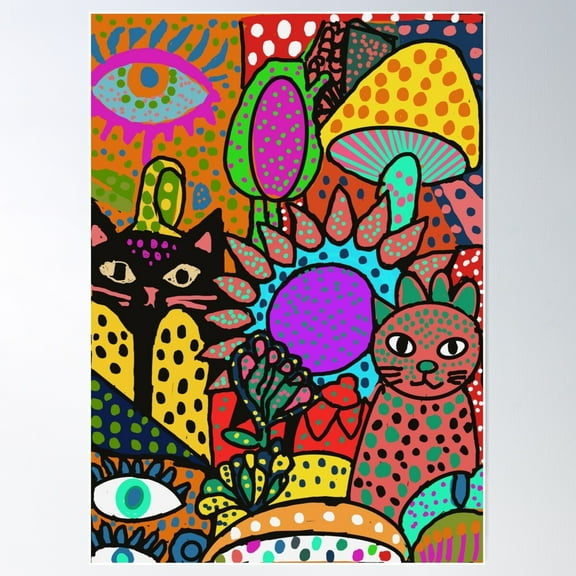 Psychedelic Eyes & Mushrooms | Trippy Color Explosion Poster Wall Art, Modern Wall Decor For Living Room Bedroom, 12x18 UNFRAMED