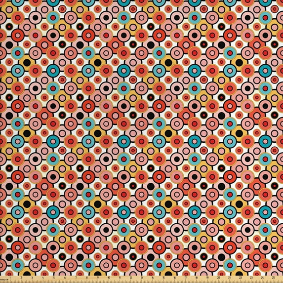 Ambesonne Vintage Fabric by the Yard Upholstery, Retro Style Bubbles, 2 Yards, Orange Yellow