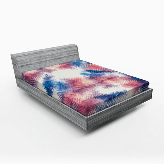 Psychedelic Fitted Sheet, Boho Style Digital Tie Dye Effect Graphic with Soft Feather Patterns Tribal Art, Soft Decorative Fabric Bedding, Full Size, Pink Blue, by Ambesonne