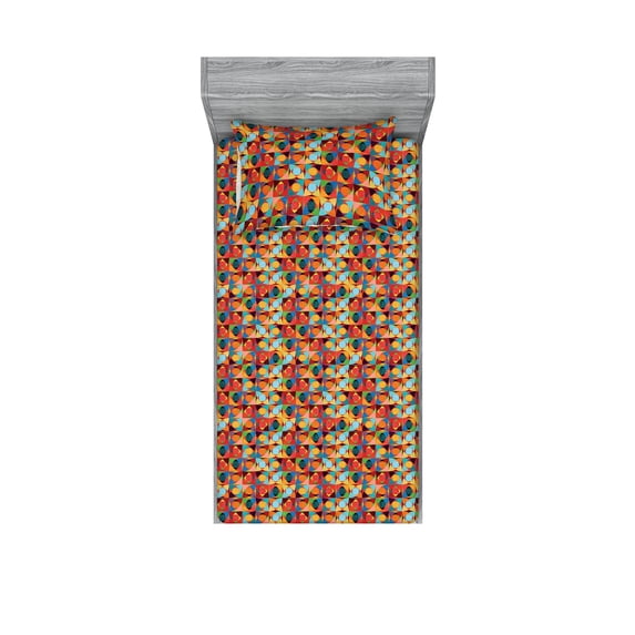 Psychedelic Fitted Sheet & Pillow Sham Set, Geometric Blossom Pattern With Squares and Rounds Pop Art Style Print, Decorative Printed 2 Piece Bedding Decor, Twinxl, Dark Pink Marigold, by Ambesonne