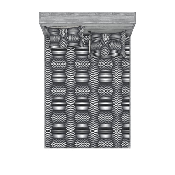 Psychedelic Fitted Sheet & Pillow Sham Set, Illusion Like Chevron and Stripe Motifs on Plain Background Print, Decorative Printed 3 Piece Bedding Decor, Full, Charcoal Grey and White, by Ambesonne