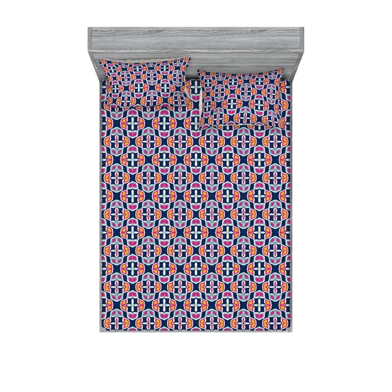 Psychedelic Fitted Sheet & Pillow Sham Set, Repeating Trippy Geometric Blossoming Atmosphere Abstract Boho Art, Decorative Printed 3 Piece Bedding Decor, King, Dark Lavender Hot Pink, by Ambesonne