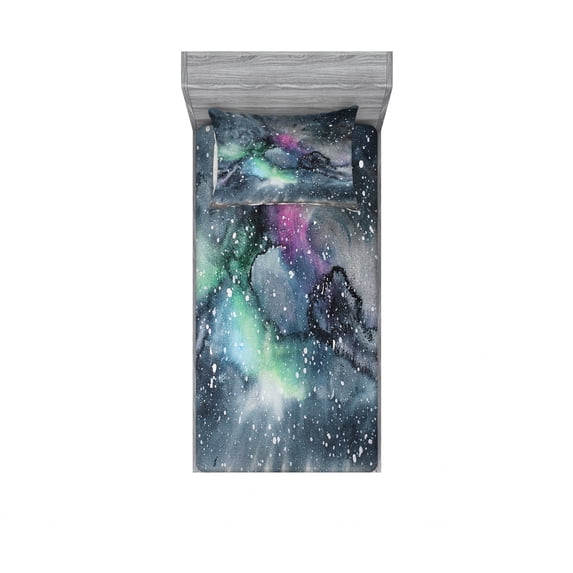 Psychedelic Fitted Sheet & Pillow Sham Set, Space Galaxy Inspired Hazy Grunge Modern Celestial Cosmic Fantasy Design Print, Decorative Printed 2 Piece Bedding Decor Set, Twinxl, Grey, by Ambesonne