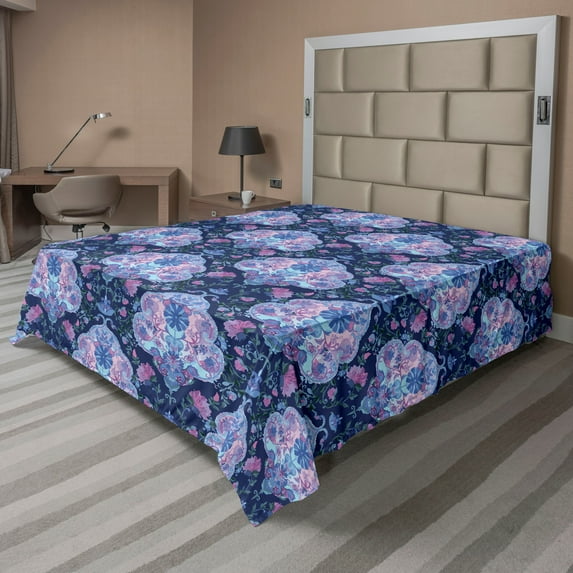 Ambesonne Psychedelic Flat Bedding Sheet Soft Top Sheet, Oriental Leafy Design, California King, Dark Lavender Fuchsia