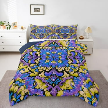 Psychedelic Floral Bedding,Tribal Exotic Paisley Comforter Set,Mexican Otomi Down Comforter,Abstract Inspired Swirls Flower Bedding Comforter Sets,Blue Purple,Soft Cozy