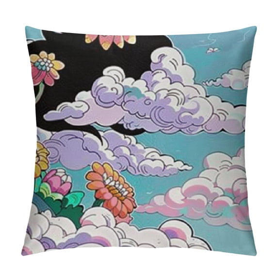 Psychedelic Floral Reversible Throw Pillow Covers Cases for Flower Skull Throw Pillowcases for Sofa Couch Chair 70S Hippie Flowers Bohemian Black Square Cushion Covers Set