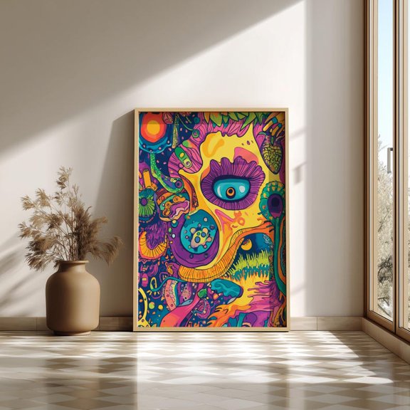 Psychedelic Floral Sun Wall Art Print, Unframed Paper Poster 16x20in