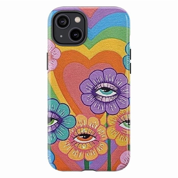 Psychedelic Flower Eye Phone Case, Colorful Retro Heart and Floral Design Artistic iPhone Cover for iPhone 16 15 14 13 12 11 Pro Plus Mini