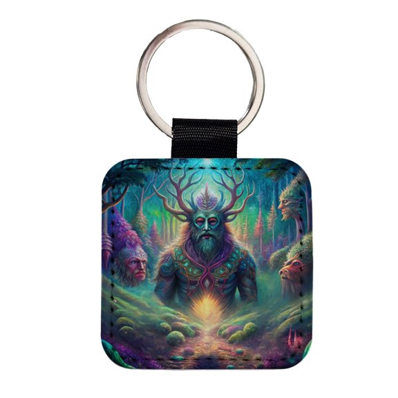 Psychedelic Forest Spirits Vibrant Colors Faux Leather Square Keychain