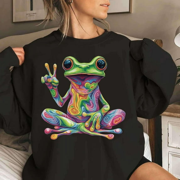 Psychedelic Frog Sweatshirt: Vibrant Tie-Dye Peace Sign Sweatshirt Sweatshirt All Size S-5XL