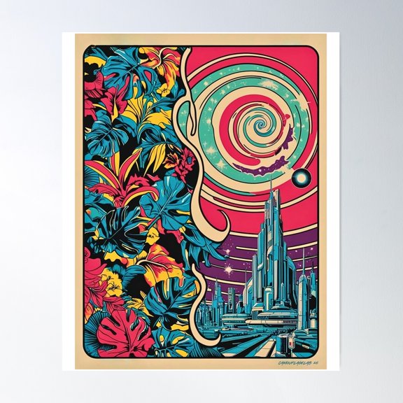 Psychedelic Futuristic Cityscape With Tropical Vibes Poster Wall Art, Modern Wall Decor For Living Room Bedroom, 8x12 UNFRAMED