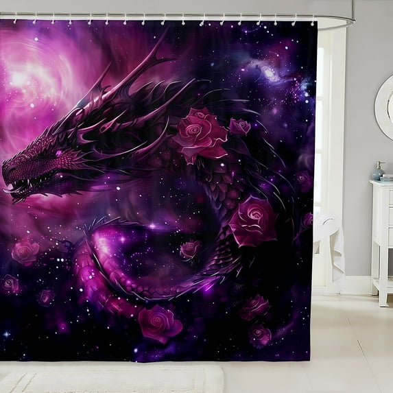 Psychedelic Galaxy Bath Curtain,Magic Dragon Waterproof Fabric,Outer Space Waterproof Cloth,Chic Rose Floral Shower Curtain 72Wx72L