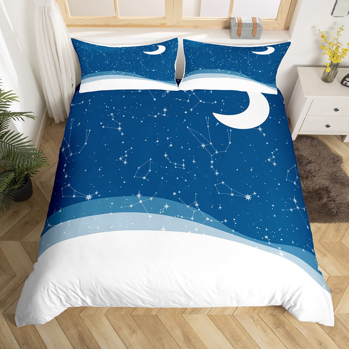 Psychedelic Galaxy Comforter Cover Navy Blue Reversible Bed Set for Girls Boho Moon Print Duvet Cover Full Size White Abstract Bedding Sets Constellations Astrology Bedspread Cover 3pcs Walmart Busine...