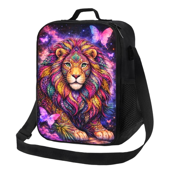 Psychedelic Galaxy Lion Lunch Bag Insulated Thermal Box with Shoulder Strap & Handle for Work and Picnic