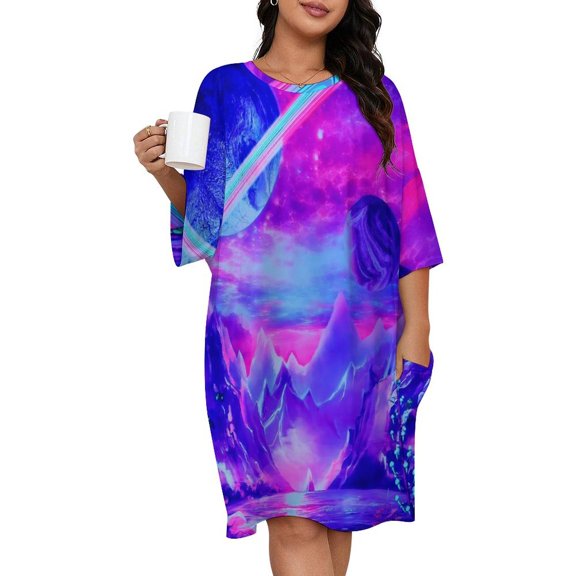 Psychedelic Galaxy Space Sleepshirts For Sleeping Travels Loose Sleepdress Pajama Dress Soft Nightdress Sleepwear