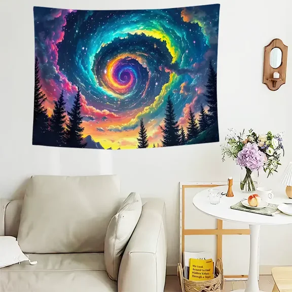 Psychedelic Galaxy Spiral Tapestry - Vibrant Cosmic Landscape Wall Hanging with Pine Trees, Trippy Space Art for Bedroom, Dorm, Meditation Decor - 37x29 Inches