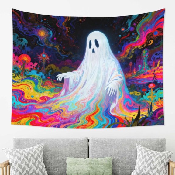 Psychedelic Ghost Tapestry with Cosmic Neon Colors and Surreal Background, Boho Wall Art for Bedroom Dorm or Living Room, 80x60 Inches