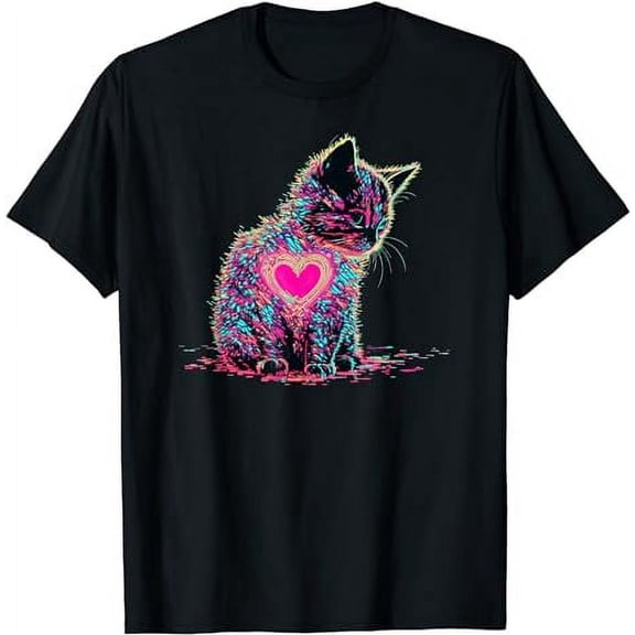 Psychedelic Glitch Kitten Heart Unisex Short Sleeve Graphic T-Shirt