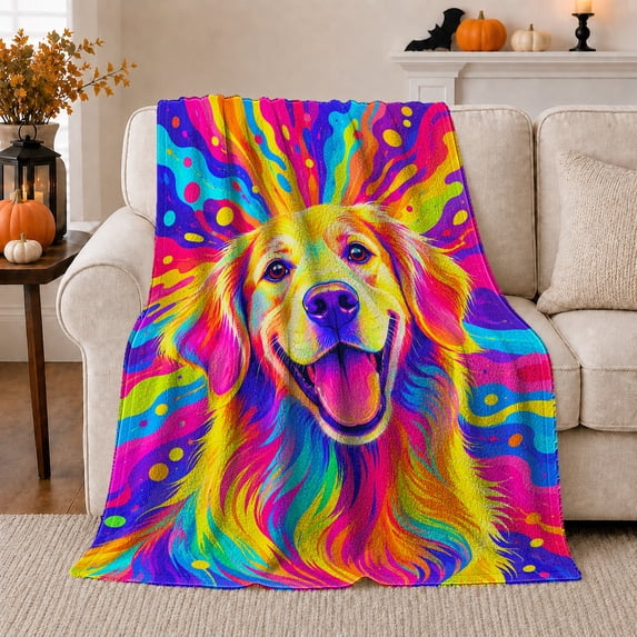 Psychedelic Golden Retriever Pop Art, Playful Pet Portrait Pattern, Warm Flannel Blanket for Living Room and Bedroom, Dog Lovers Just Because Gift, Pet Lover Home Decor