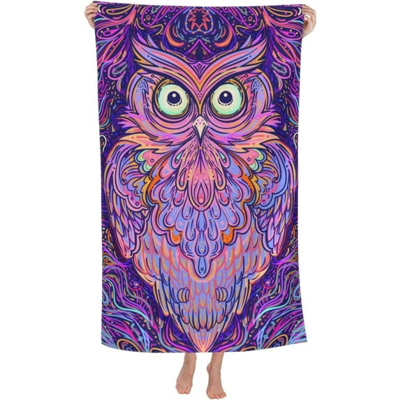 Psychedelic Gorgeous Owl Large Beach Towel - Plush Thick Cotton Pool Towel, Adult Beach Towels