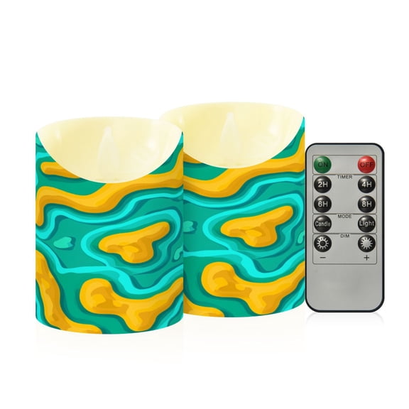 Psychedelic Green Swirls Flameless Candles 2 PCS with Remote Realistic Moving Flame LED Tapered Pillar Set for Home Decor
