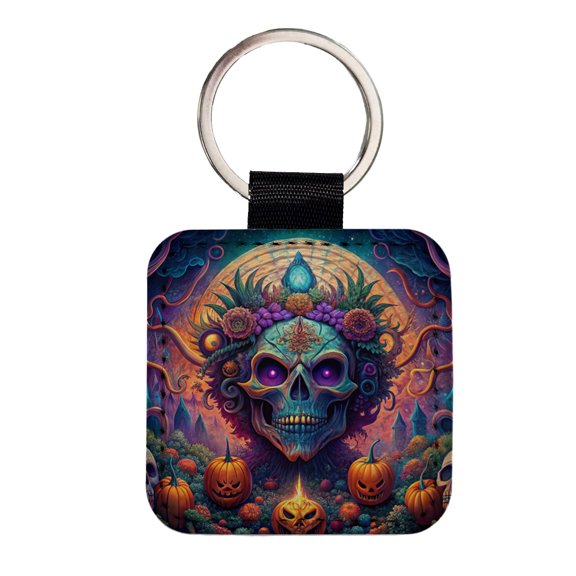 Psychedelic Halloween Skulls Pumpkins Vibrant Colors Faux Leather Square Keychain