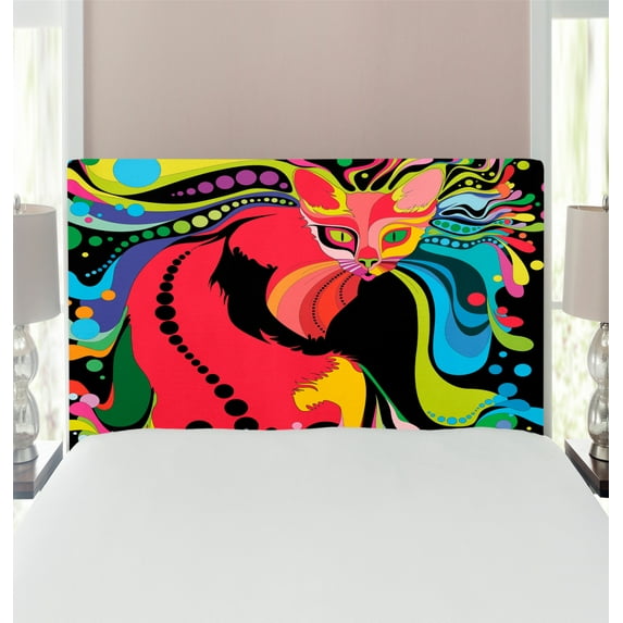 Psychedelic Headboard, Futuristic Kitty Visual Print Fluid Swirling Color Burst Motifs Kitty Graphic, Upholstered Decorative Metal Bed Headboard with Memory Foam, Twin Size, Multicolor, by Ambesonne
