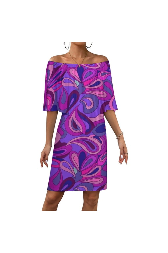 Psychedelic Hippie Purple Tears Women's Off The Shoulder Ruffles Summer Wedding Guest Loose Casual Party Beach Dress