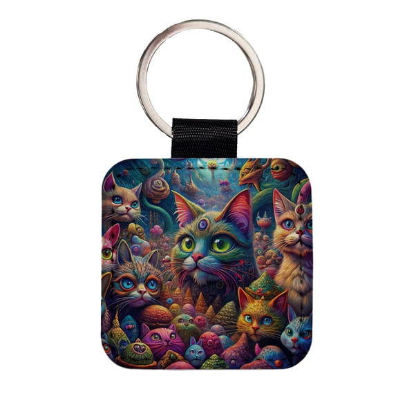 Psychedelic Lots of Cats Vibrant Colors Faux Leather Square Keychain