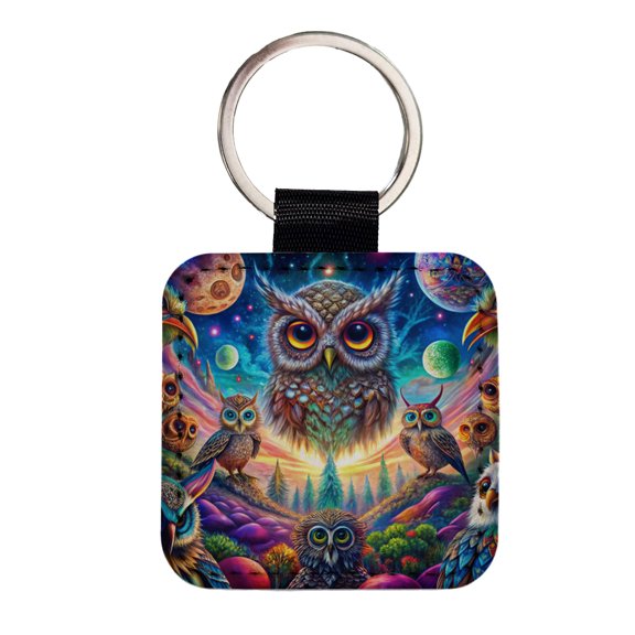 Psychedelic Lots of Owls Vibrant Colors Faux Leather Square Keychain