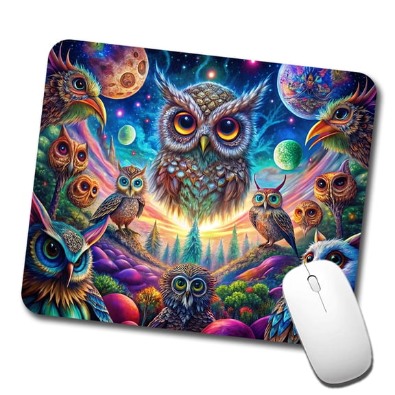 Psychedelic Lots of Owls Vibrant Colors Mouse Pad Low Profile Gaming Mat