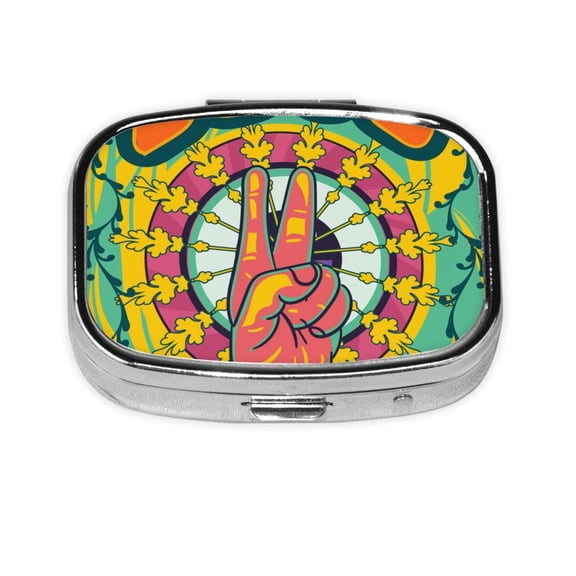 Psychedelic Love Generation Hippie Square Pill Box 2 Compartment Pill Case Medicine Organizer Decorative Gift for Purse Pocket