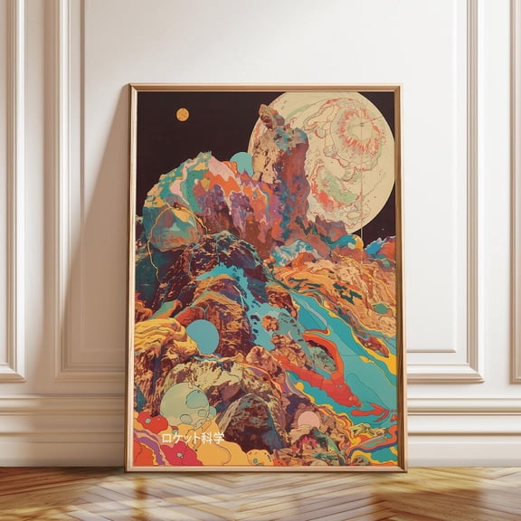 Psychedelic Moonscape Abstract Space Wall Decoration, Stretched Canvas 12x16in