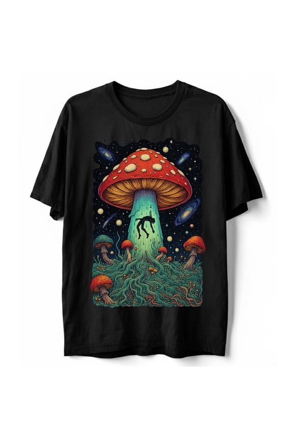 Psychedelic Mushroom Alien Abduction T-Shirt Trippy Space Cosmic Hippie Tee
