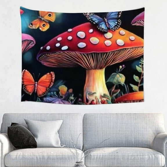 Psychedelic Mushroom Butterflies Wall Tapestry, 100% Polyester Aesthetic Home Decor, 40 x 30 in