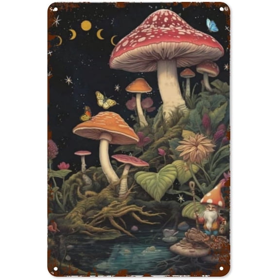 Psychedelic Mushroom Butterfly Sun and Moon Vintage Tin Sign, Rustic Metal Wall Art with Life Quotes, 8 x 12 Inch Retro Home and Garden Decor Plaque