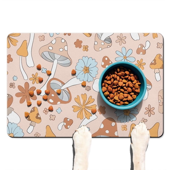 Psychedelic Mushroom Dog Feeding Mat - Trippy Absorbent Pet Food Pad - Non-Slip Waterproof Placemat - Neon Colors - Large Size for Messy Eaters