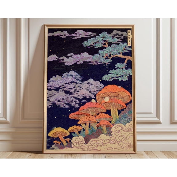 Psychedelic Mushroom Fuji Mountain Wall Art Print, Unframed Paper Poster 24x36in