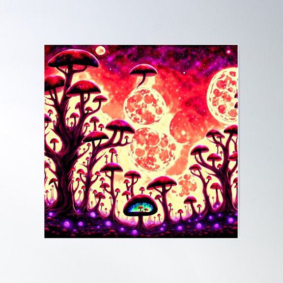 Psychedelic Mushroom Landscape On An Alien Planet With Another Shroom Universe In One Of The Mushrooms Poster Wall Art, Modern Wall Decor For Living Room Bedroom, 24x24 UNFRAMED