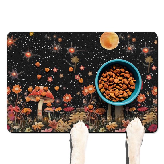 Psychedelic Mushroom Pet Food Mat - Trippy Absorbent Dog Bowl Mat - Non-Slip Waterproof Base - Neon Colors - Easy Clean Spill Catcher for Floors