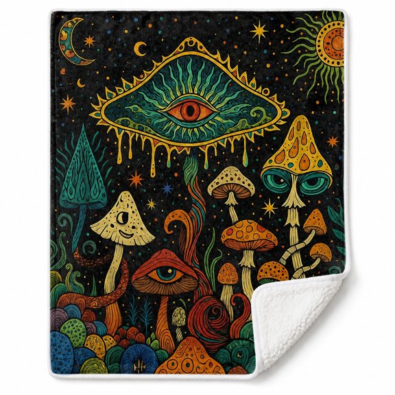Psychedelic Mushroom Sherpa Blanket, Soft Polyester Fleece Throw, Multicolor