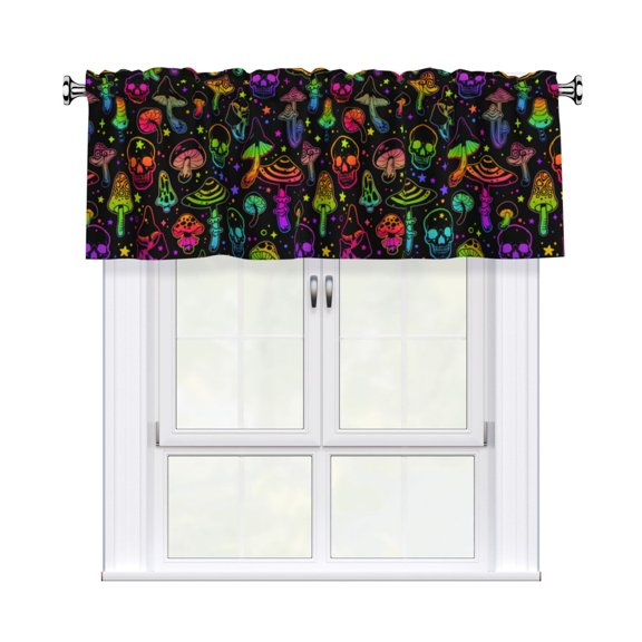Psychedelic Mushroom Skull Curtain Valance, Light Filtering Short Rod Pocket Window Treatment For Living Room, Bedroom, Kitchen, Bathroom, 1 Panel, 54" W X 18" L