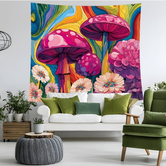 Psychedelic Mushroom Tapestry for Bedroom Aesthetic, Colorful Groovy Trippy Floral Wall Hanging, Hippie Boho Wall Decor for Living Room Dorm