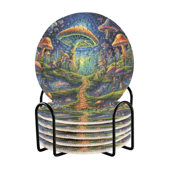 Psychedelic Mushrooms Drink Coasters with Holder Absorbent Coaster for Coffee Table Room Decor 6 Pack