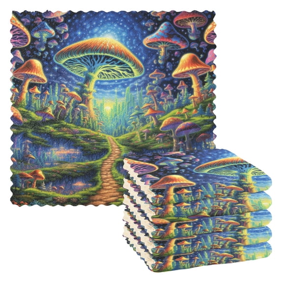 Psychedelic Mushrooms Kitchen Cloth Dish Towels for Drying Washing Absorbent Dish Rags 6 Pack