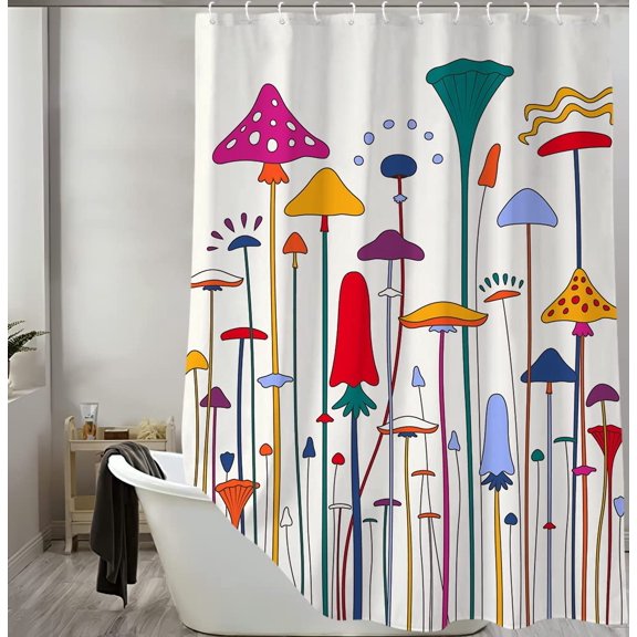 Psychedelic Mushrooms Shower Curtain, 60S Vintage Colorful Natural Plants Boho Shower Curtain Set, Hippie Modern Abstract Chic Art Minimalist Fabric Trippy Bathroom Curtain 12PCS Hooks, 70X70IN