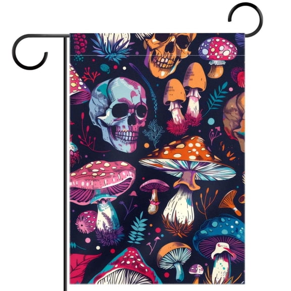 Psychedelic Mushrooms and Skulls Double Sided Garden Flag Decorative Weather Resistant Yard Flag, Large DIY Vertical Flag for Farmhouse Patio Lawn, 28x40 Inch
