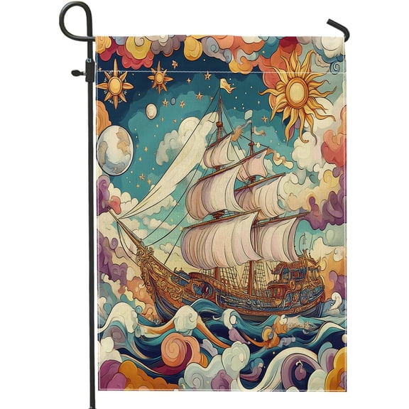Psychedelic Nautical Ship Garden Flag, Double Sided Vertical Outdoor Decorative Burlap Yard Flag, 12 x 18 Inch